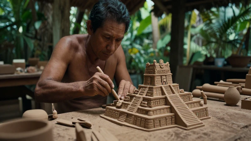Artesano azteca modelando ciudad en la selva