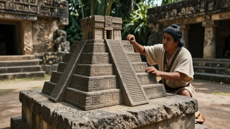 Azteca examina miniatura prehispánica en altar