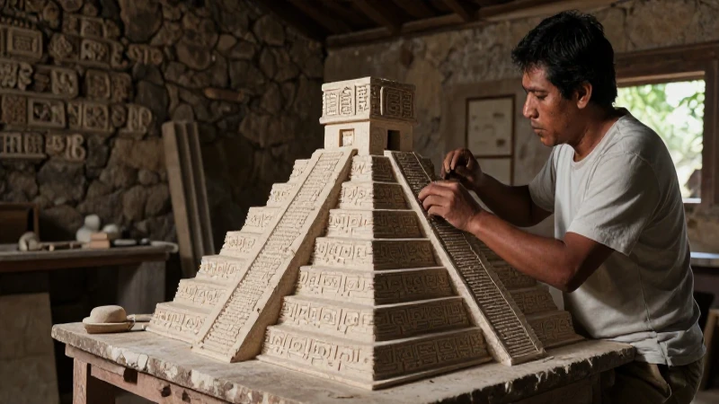 Artisan trabaja en maqueta de pirámide con luz dramática