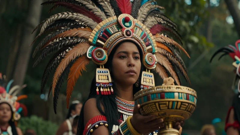 Xochiquetzal, sacerdotisa azteca majestuosa en escena
