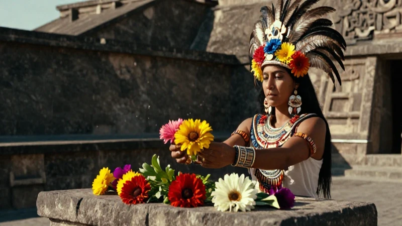 Sacerdotisa azteca ofrece flores en Tenochtitlan