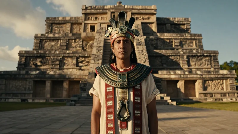 Sacerdote Mexica con armadura de obsidiana en templo mesoamericano