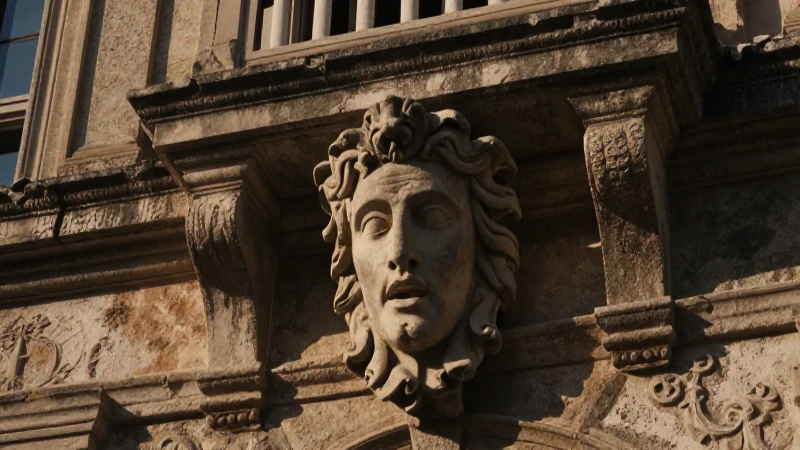Mascarón: Historia, Significado y Usos en la Arquitectura 33 Mascarón monumental en fachada antigua con luz dramática
