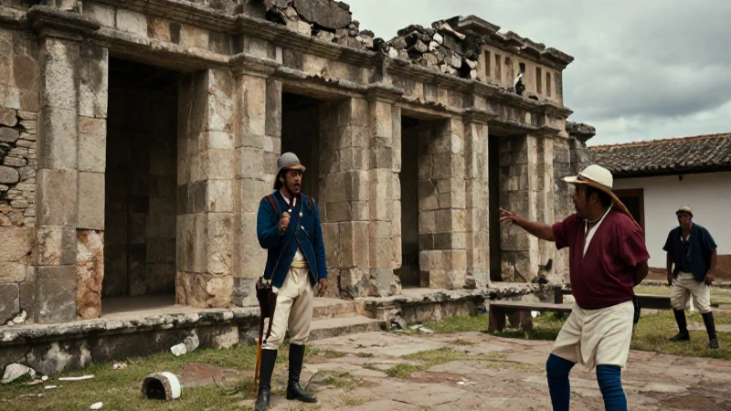 Soldado y civil en ruina colonial dramática