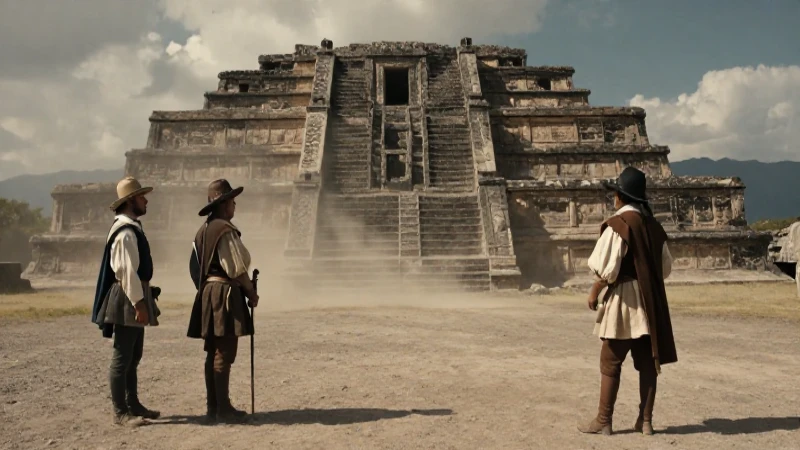 Conquistador en ruinas mesoamericanas con luz dramática