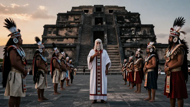 Sacerdote mexica, sacrificios y Templo Mayor al atardecer
