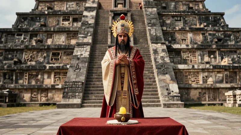 Sacerdote nahua en templo ceremonial y altar