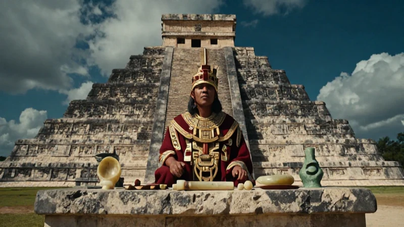 Sacerdote mesoamericano ante pirámide y herramientas de obsidiana