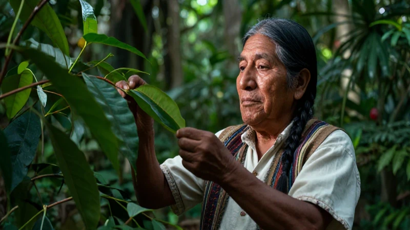 Maxica: Descubre su interesante mundo y sorprendentes usos 2 Herbolaria indígena examinando hojas de Maxica en la selva