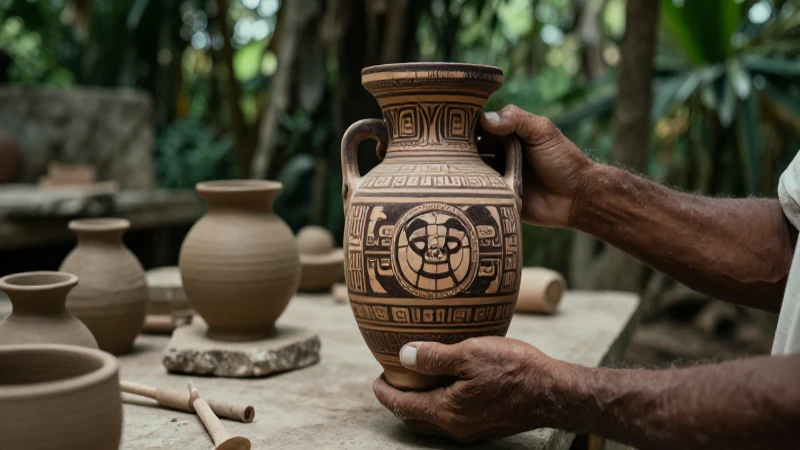 Manos expertas sostienen un vaso maya antiguo