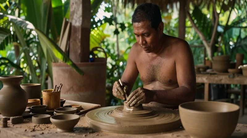 Artesano maya en la selva creando cerámica