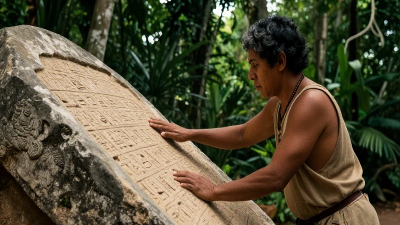 Cuál es la riqueza cultural de los mayas en Mesoamérica 205 Maya estudia estela en selva histórica