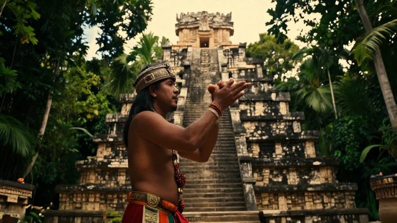 Cuál es la riqueza cultural de los mayas en Mesoamérica 207 Maya ritual en templo con luz dorada