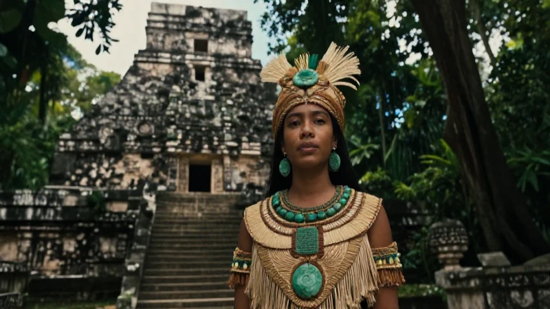 Cuál es la riqueza cultural de los mayas en Mesoamérica 208 Maya noble entre ruinas, estilo documental épico