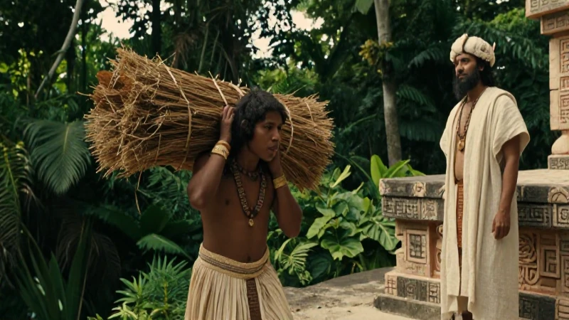 Cuáles eran las estructuras y clases en la sociedad maya 3 Esclavizada maya con carga en selva observada por noble