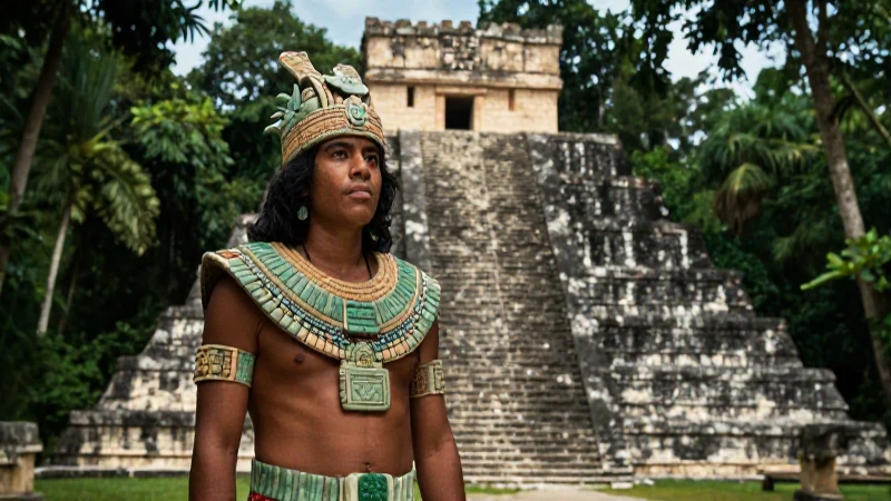Escribas mayas ante pirámides en la selva