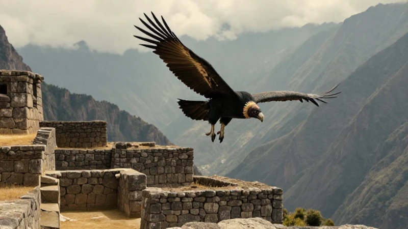 Condor sobre fortificación inca, representando el arte maya