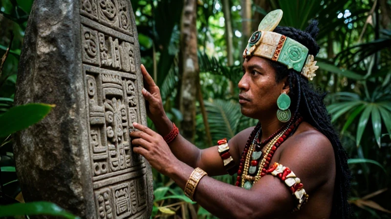 Sacerdote maya examina glifo en la jungla densa