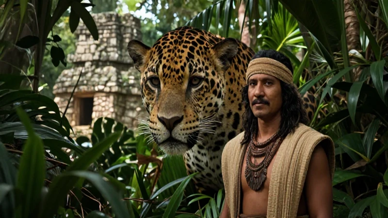 Mayas y el jaguar: espíritu de lo silvestre en la cultura 14 Académica maya con jaguar frente a ruinas