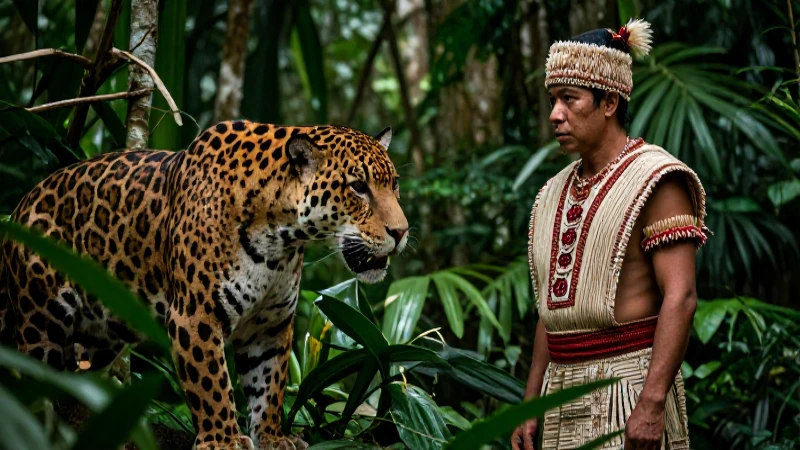 Mayas y el jaguar: espíritu de lo silvestre en la cultura 15 Hombre maya observa jaguar en selva