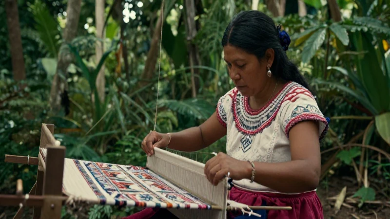 Mujer maya teje en selva con realismo natural