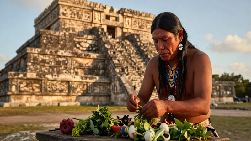Chamán prepara hierbas frente ruinas mesoamericanas antiguas