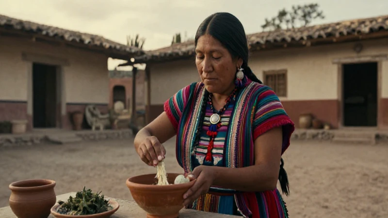 Curandera azteca mezcla remedios en un patio histórico