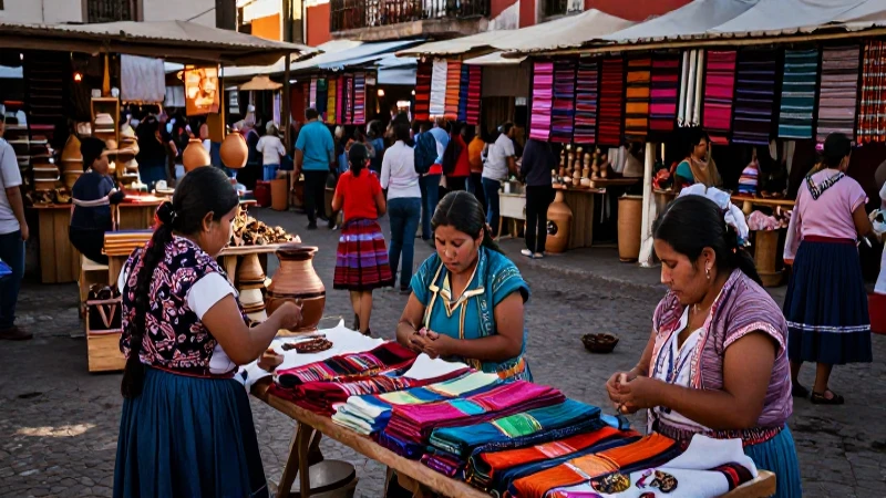 Mujeres indígenas venden textiles en el mercado de Tlatelolco