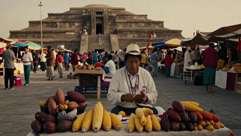 Mercados aztecas: Encanto y diversidad del mercado azteca 17 Mercado azteca vibrante con arquitectura prehispánica