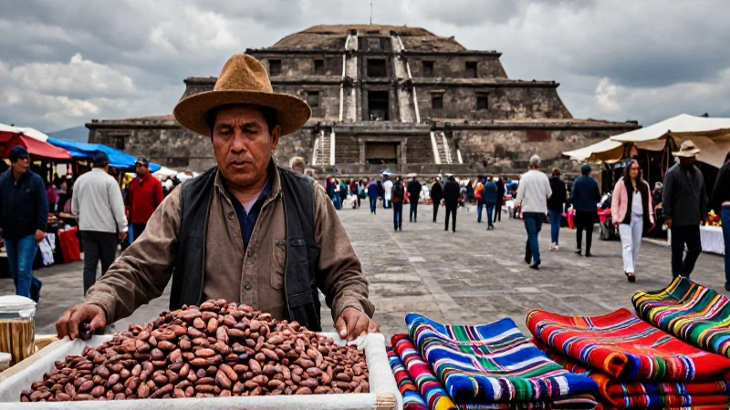 Mercados aztecas: Encanto y diversidad del mercado azteca 20 Vendedor azteca vende cacao y textiles en Tenochtitlan