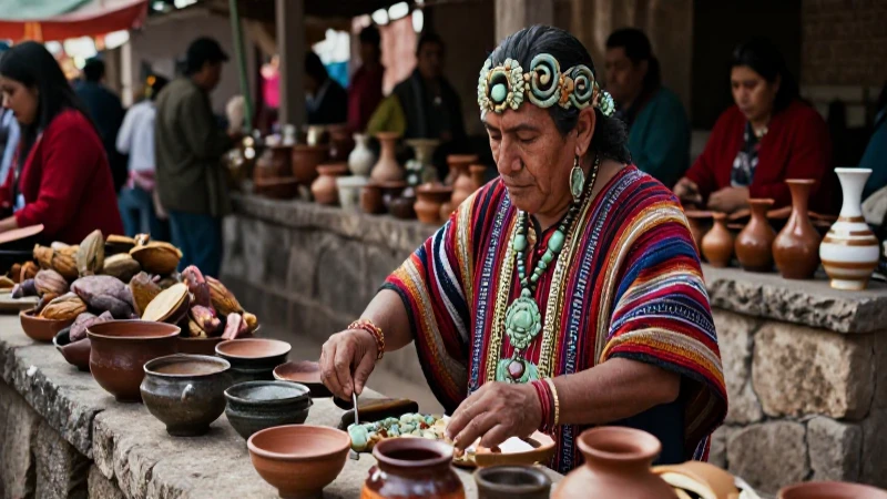 Mercader mesoamericano en vibrante mercado prehispánico