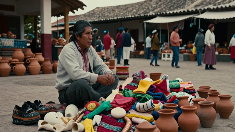 Comerciante indígena vende mercadería en plaza mesoamericana