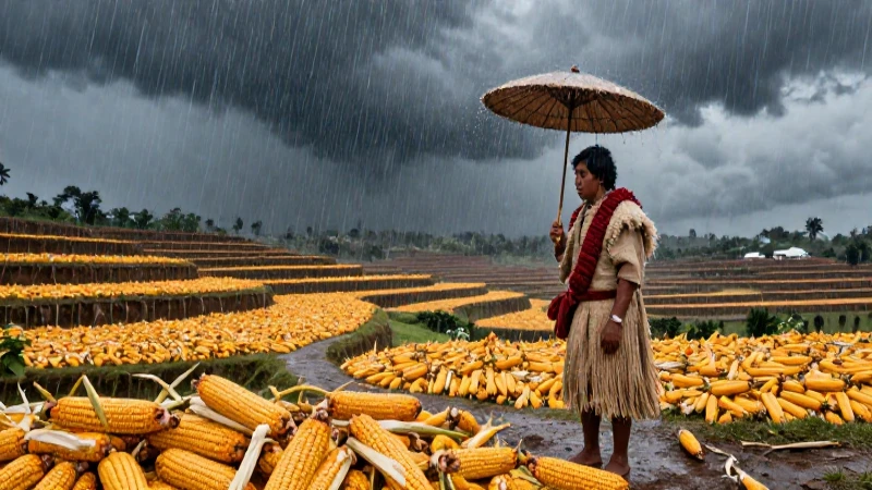 Mesoamericano cultiva maíz bajo tormentas dramáticas