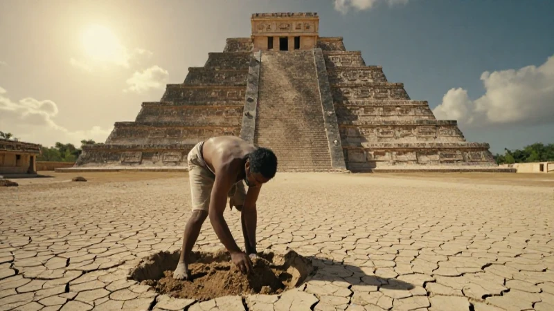 Agricultor en tierra seca frente a pirámide ancestral