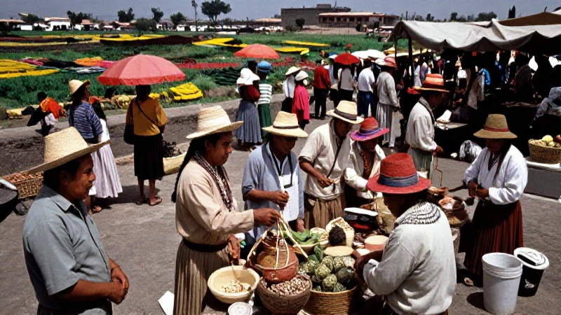 Cómo era la economía y organización de los Mexicas en Mesoamérica 22 Mercado de Tenochtitlan con comerciantes Mexica y agricultura