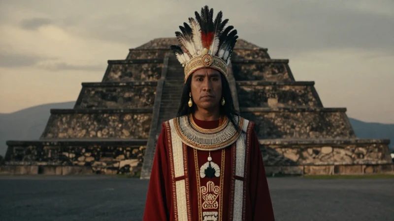 Sacerdote Mexica ante pirámide de Tenochtitlan
