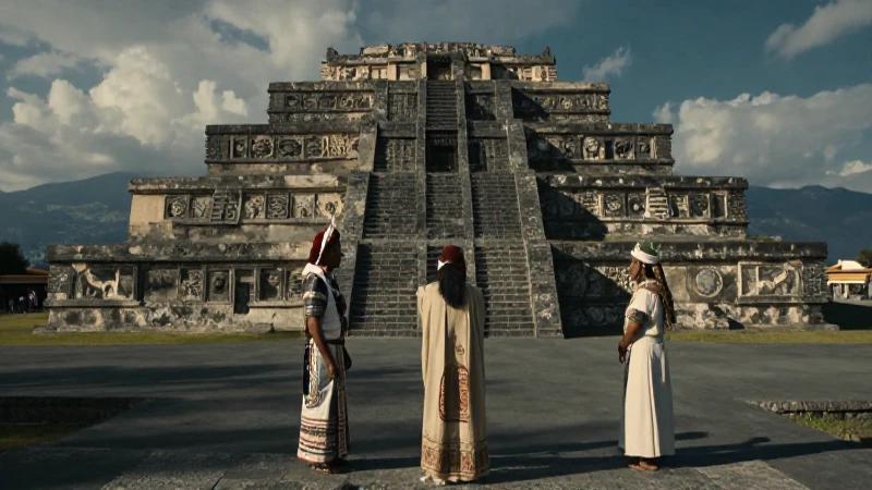Templo Mayor azteca con sacerdotes, realismo dramático