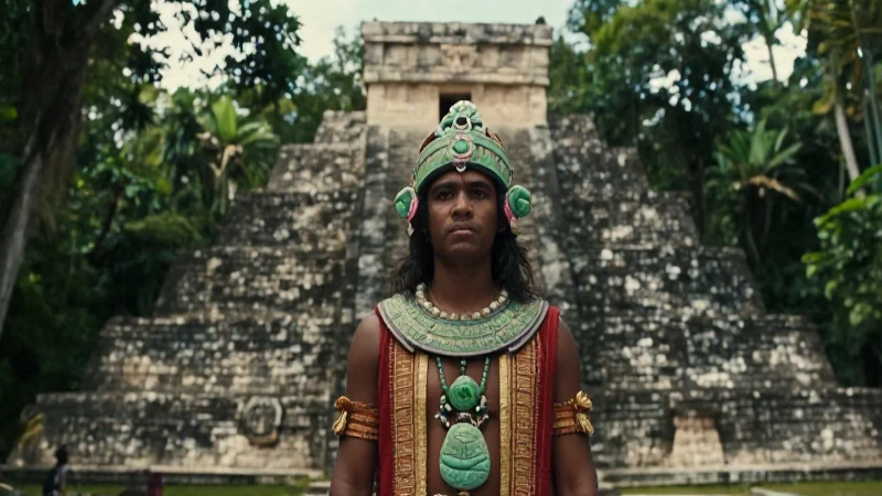 Sacerdote maya en pirámide, atmósfera histórica