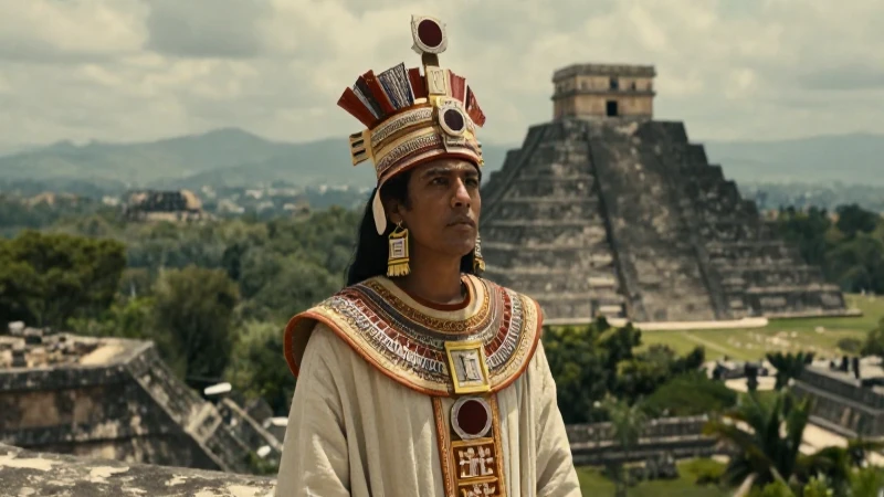 Sacerdote mesoamericano ante pirámide azteca
