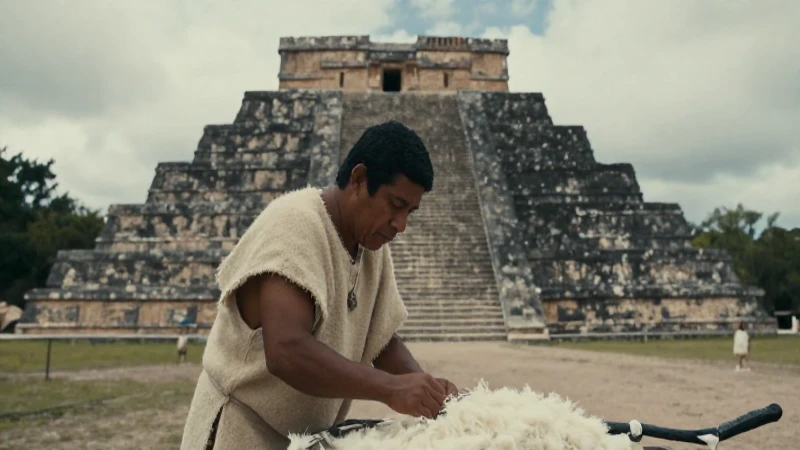 Campesino mesoamericano trabaja junto a pirámide prehispánica