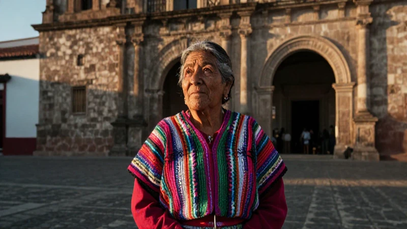 Mujer michohacana en huipil bajo luz dorada