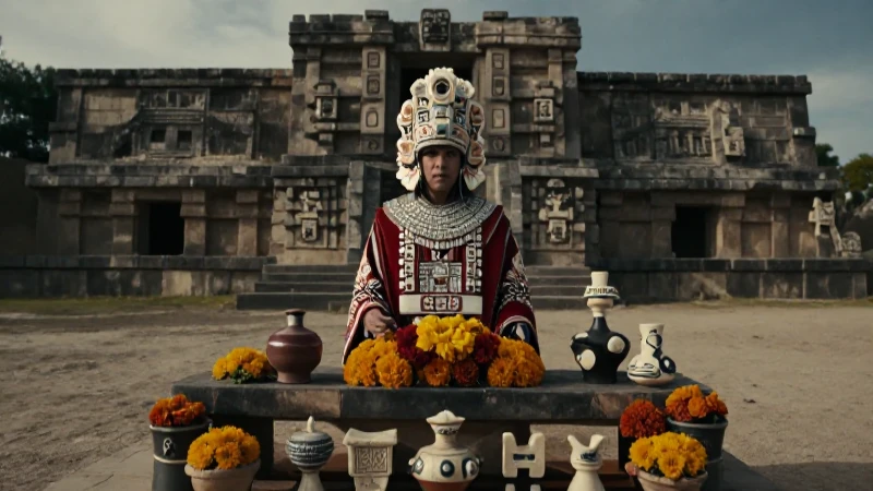 Figura ceremonial mesoamericana en altar antiguo y paisaje árido