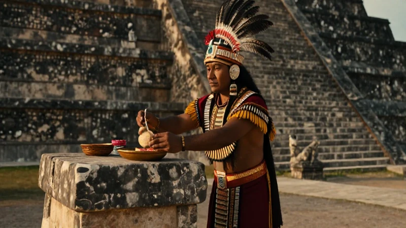 Sacerdote azteca rinde ofrenda en templo ancestral