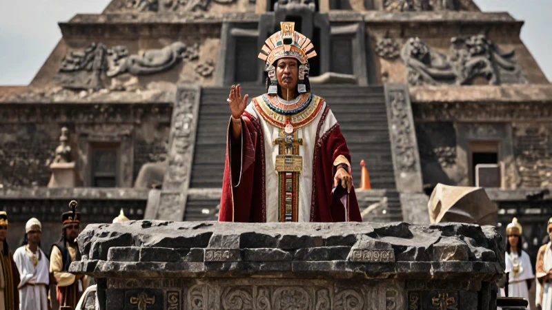 Sacerdote azteca en ritual dramático sobre altar volcánico