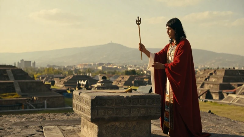 Sacerdote azteca en ritual con Tenochtitlan al fondo