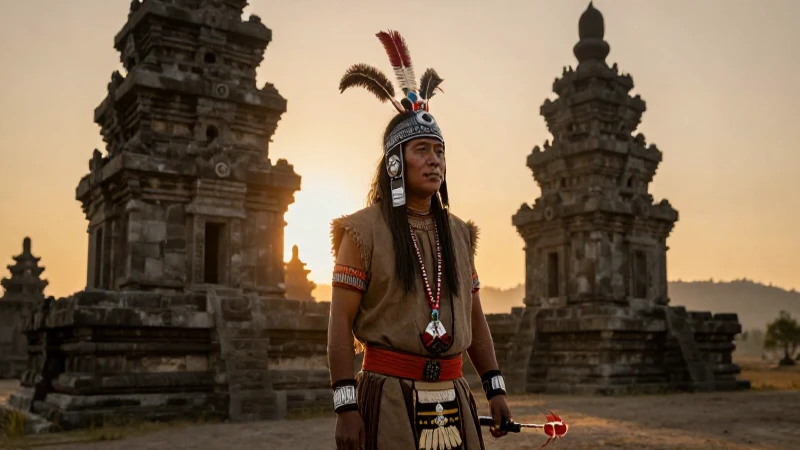 Chaman indígena en templo antiguo al amanecer