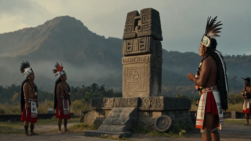 Chamán mesoamericano ante un altar en la montaña