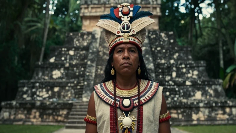 Sacerdote mesoamericano frente a pirámide antigua