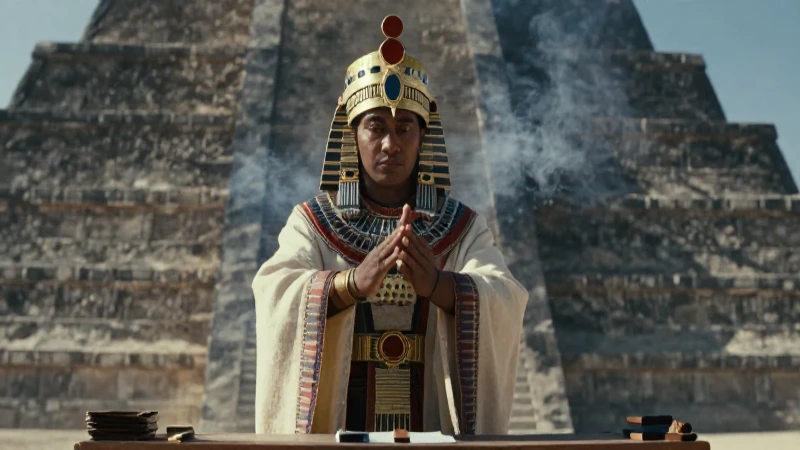 Sacerdote azteca ritual bajo pirámide antigua