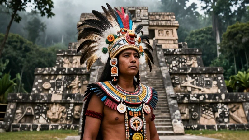 Sacerdote azteca en Templo Mayor, con vestimenta detallada